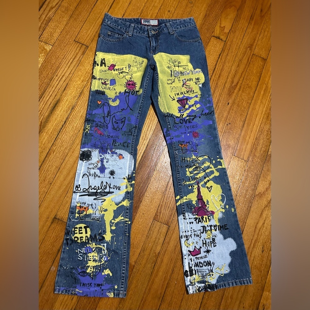 VTG 2001 Y2K Old Navy Fun Graphic Mid Rise Blue Jeans Sz 1